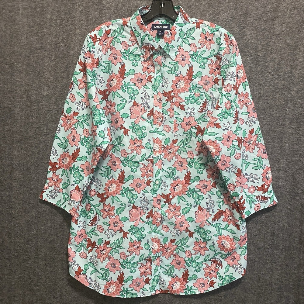 NEW Lands End No Iron Supima Shirt Womens 14T Tall Floral Button Top Cottagecore